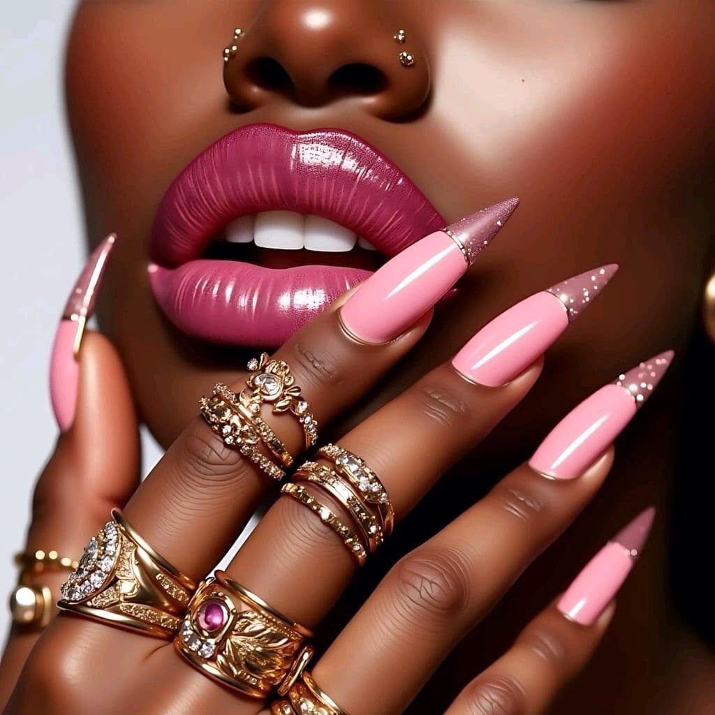 Detailed pink nail art with delicate embellishments
